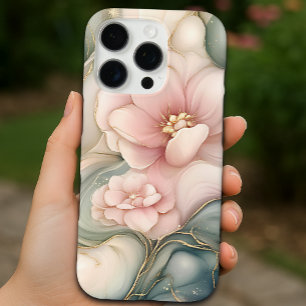 Coques iPhone 16 Pro Floral rose de luxe avec Motif en marbre de rêve