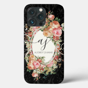 Case-Mate iPhone Case Floral rose noir élégant Monogramme Vintage Scri
