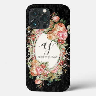 Case-Mate iPhone Case Floral rose noir élégant Monogramme Vintage Script