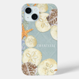 Coque Pour iPhone 15 Floral Starfish Sea Shells Beach Blue