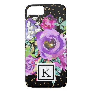 Case-Mate iPhone Case Floral violet sur noir avec Monogramme Confetti