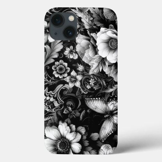 Coques Case-Mate iPhone Florale d'antiquité monochrome avec papillons (Verso)