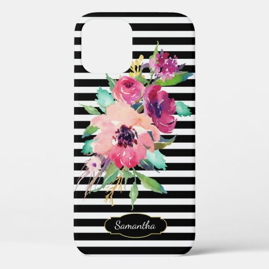 Coques Case-Mate iPhone Flore d'aquarelle vive sur bandes avec Monogramme (Verso)