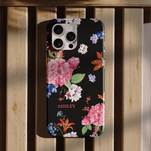 Coques iPhone 16 Pro Flore de Camellia moderne sur mesure en noir