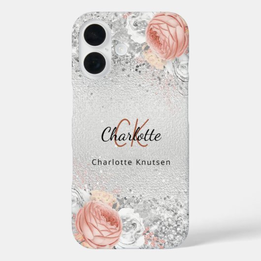 Coques Case-Mate iPhone Flores d'or rose argent élégant nom monogramme (Verso)
