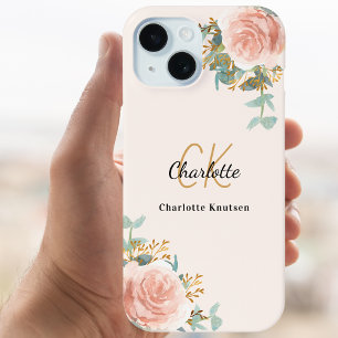Coques iPhone 16 Pro Flores d'or rose beige monogramme élégant