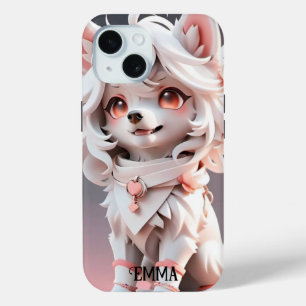 Coque Pour iPhone 15 Fluffy Rose and White Puppy Kids Nom personnalisé