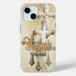 Coque Pour iPhone 15 Foi motivationnelle Croix beige/grise Jésus or
