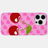 Coques Case-Mate iPhone Fond rose avec coeurs rouges et deux cerises (Verso (horizontal))