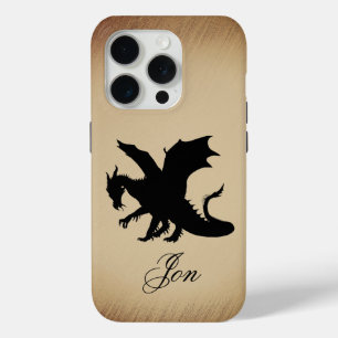 Coque iPhone 15 Pro Fond rustique Dragon Noir Personnel