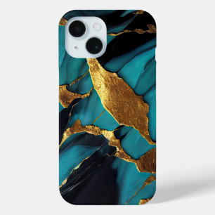Coque Pour iPhone 15 Fonte de marbre liquide Cyan et or