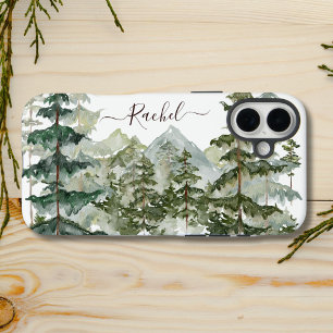 Coques iPhone 16 Plus Forêt de pins et montagne rustique à l'aquarelle