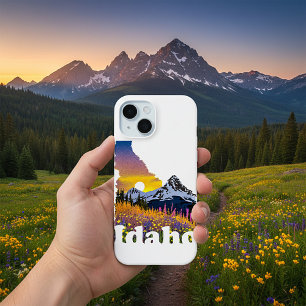 Coque Pour iPhone 15 Forme de l'Idaho avec montagne et fleurs sauvages