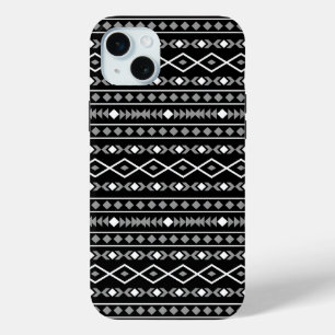 Coque iPhone 15 Mini Formes aztèques Motif blanc gris noir