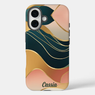 Coques iPhone 16 Formes Turquoises et Roses en or