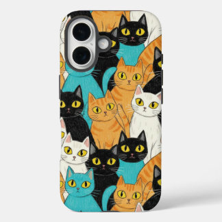Coques iPhone 16 Foule de chats au crayon fantaisiste