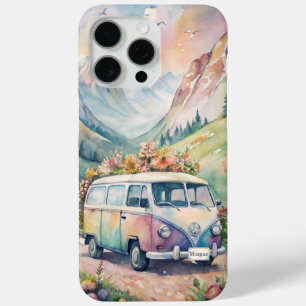 Coque iPhone 15 Pro Max Fourgon aquarelle avec plaque de licence personnal