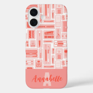 Coques iPhone 16 Fournitures d'art mignonne Coral Rouge Motif Monog