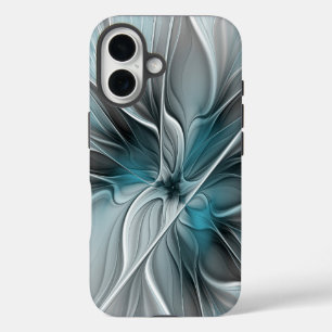 Coques iPhone 16 Fractal Floral Moderne Abstrait Fleur Bleu Gris