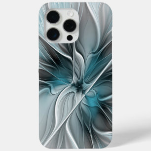 Coque iPhone 15 Pro Max Fractal Floral Moderne Abstrait Fleur Bleu Gris