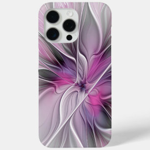 Coque iPhone 15 Pro Max Fractal Floral Moderne Abstrait Fleur Rose Gris