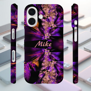 Coques iPhone 16 Fractale moderne en noir et violet, personnalisé