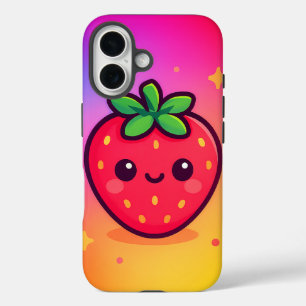 Coques iPhone 16 Fraise Kawaii souriante sur Pastel Gradient Backg