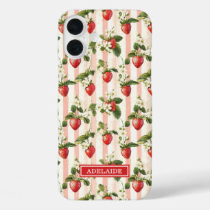 Coques iPhone 16 Plus Fraises à l'aquarelle sur monogramme rayé