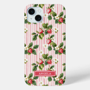 Coque iPhone 15 Mini Fraises à l'aquarelle sur rayures roses