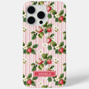 Coque iPhone 15 Pro Max Fraises à l'aquarelle sur rayures roses