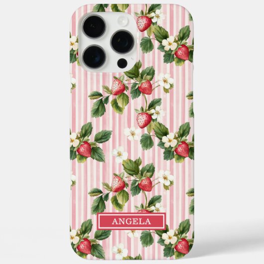 Coques Case-Mate iPhone Fraises à l'aquarelle sur rayures roses (Verso)