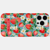 Coques Case-Mate iPhone Fraises Aquarelle Sur Monogramme Bleu (Verso (horizontal))