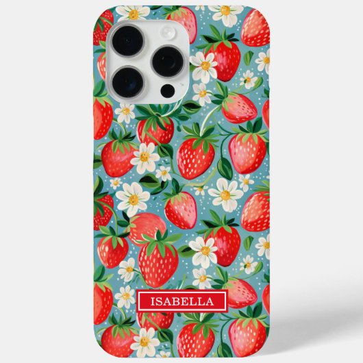Coques Case-Mate iPhone Fraises Aquarelles Sur Monogramme Bleu (Verso)