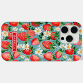 Coques Case-Mate iPhone Fraises Aquarelles Sur Monogramme Bleu (Verso (horizontal))