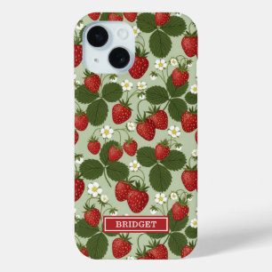Coque Pour iPhone 15 Fraises sur monogramme vert