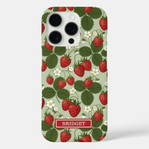 Coques iPhone 16 Pro Fraises sur monogramme vert