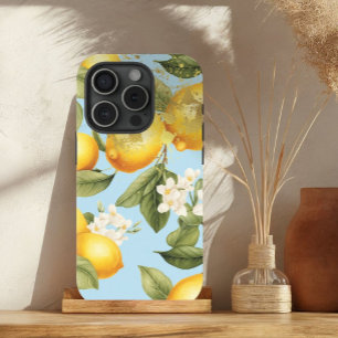Coque Pour iPhone 15 Fruit de citron jaune, bleu clair et or esthétique