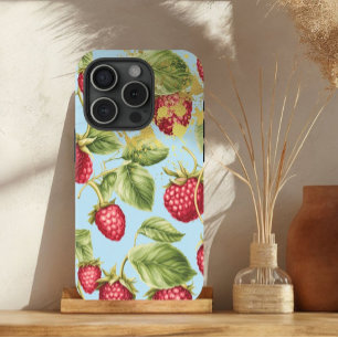 Coque Pour iPhone 15 Fruit de framboise rouge, bleu pastel et or