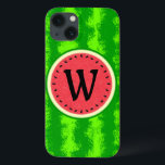Etui iPhone 13 Fruit d'été de la tranche de pastèque avec Monogra<br><div class="desc">Ce joli monogramme de pastèque a un fruit rond qui semble avoir été tranché, donc la chair rose-rouge juteuse du melon se manifeste à travers, avec un cercle de graines de pastèque noires. La baie a également un motif à croûte mouchetée vert moucheté. Utilisez le modèle pour ajouter facilement votre...</div>