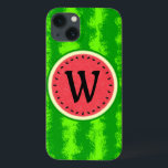 Etui iPhone 13 Fruit d'été de la tranche de pastèque avec Monogra<br><div class="desc">Ce joli monogramme de pastèque a un fruit rond qui semble avoir été tranché, donc la chair rose-rouge juteuse du melon se manifeste à travers, avec un cercle de graines de pastèque noires. La baie a également un motif à croûte mouchetée vert moucheté. Utilisez le modèle pour ajouter facilement votre...</div>