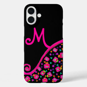iPhone 16 PLUS CASE FUCHSIE ROSE NOIR DÉCO MONOGRAM ABSTRAIT