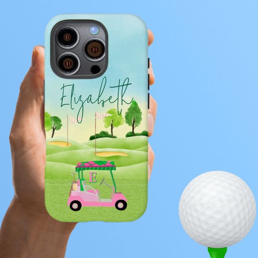 Coques Case-Mate iPhone Fun Lady Golfer Pink Cart Clubs Monogramme Nom