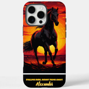 Coques iPhone 16 Pro Max Galeries de chevaux noirs au coucher du soleil