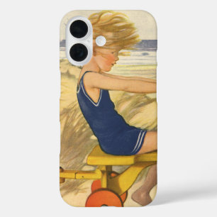 Coques iPhone 16 Garçon vintage jouant à la plage avec des jouets d