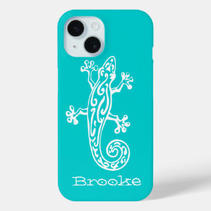 Coque Pour iPhone 15 Gecko reptile blanc & nom d'aqua