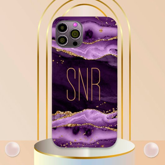 Coques Case-Mate iPhone Géode Agate Violet Nom du monogramme Parties scint