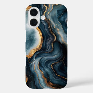 Coques iPhone 16 Géode d'Agate avec or et marbre bleu marine