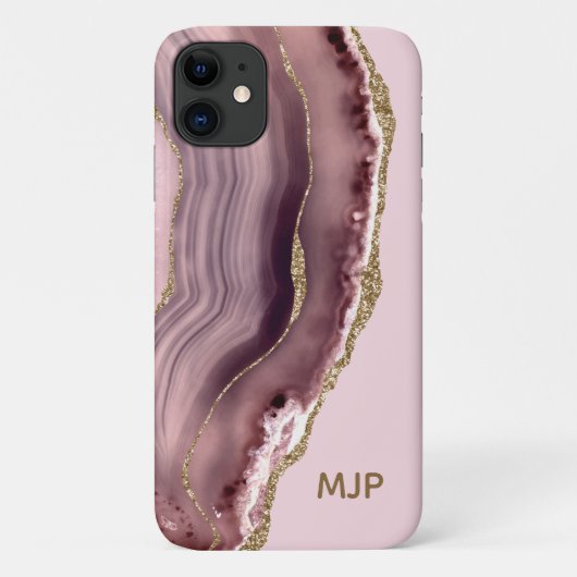 Coques Case-Mate iPhone Géode d'agate rose et violette Monogramme en or (Dos)
