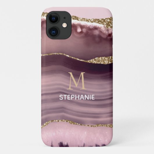 Coques Case-Mate iPhone Géode de monogramme de nom d'agate rose et violet (Dos)