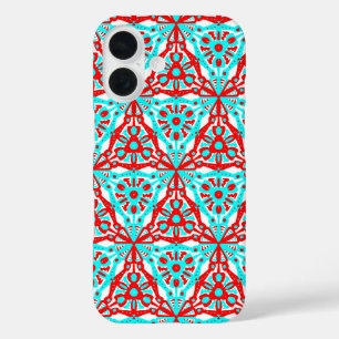 Coques iPhone 16 Géométrique d'hiver nordique en bleu blanc rouge